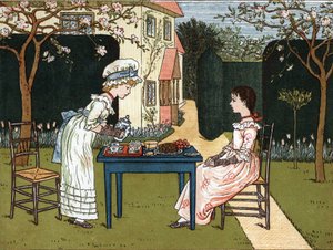 Tijd van de dag: twee jonge meisjes proeven in een tuin. Illustratie door Kate Greenaway (1846-1901) uit het boek met verhalen en kinderrijmpjes 