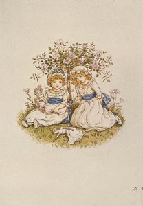Twee meisjes met poppen zittend onder een rozenstruik, 19e eeuw