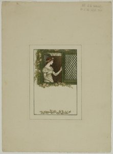 Vrouw bij tralieraam door Kate Greenaway