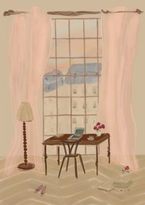 Illustratie van een uitzicht vanuit een raam in Parijs met een rustiek bureau door Katharina Puritscher
