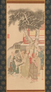 Tien Rakan die een schilderij van de Witte Kannon onderzoeken