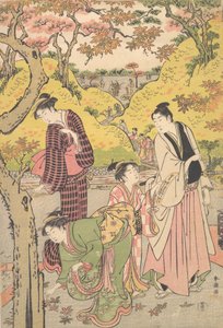 Een jonge man, twee jonge vrouwen en een meisje bij een picknick, ca. 1789 door Katsukawa Shuncho