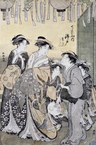 Courtesan Nishikido van Chojiya theehuis omringd door haar dames, eind 18e eeuw, Ukiyo-e kunstdruk, detail
