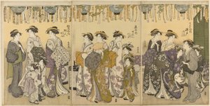 Courtisanes en hun bedienden paraderen onder lantaarns door Katsukawa Shuncho