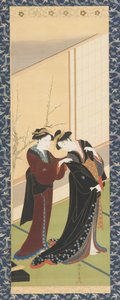 Interieur: een vrouw helpt een meisje zich aan te kleden, Edo periode, 1726-1792 door Katsukawa Shuncho