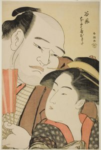 De sumoworstelaar Tanikaze en de serveerster Okita van de Naniwaya door Katsukawa Shuncho