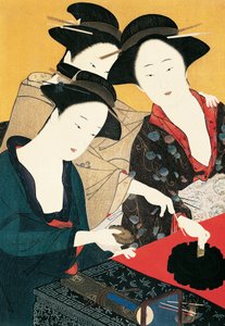 Drie vrouwen rond inktfontein, kunstenaar van de Katsukawa Shunsho school, Japan, Japanse beschaving