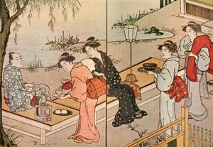 Vrouw die thee serveert, 1790 door Katsukawa Shuncho