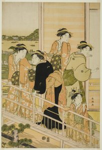 Vrouwen op een balkon van een Yoshiwara theehuis
