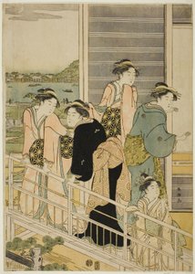 Vrouwen op een Balkon van een Yoshiwara Theehuis door Katsukawa Shuncho