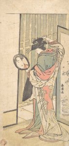 Een courtisane die naar haar spiegelbeeld kijkt in een handspiegel, ca. 1787 door Katsukawa Shun