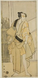 De acteur Ichikawa Monnosuke II als Hiranoya Tokubei () in het toneelstuk Waka Murasaki Edokko Soga (), opgevoerd in het Ichimura Theater () in de derde maand, 1792 ()