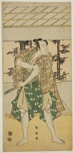 De acteur Ichikawa Omezo I als de bootsman Takihei () in het toneelstuk Ofunamori Ebi no Kaomise (), opgevoerd in het Kawarazaki Theater () in de Elfde Maand, 1792 () door Katsukawa Shun
