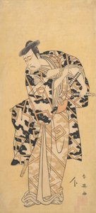De acteur Ichikawa Yaozo III als Fuwa Banzaemon in een donderjas, spelend met een waaier