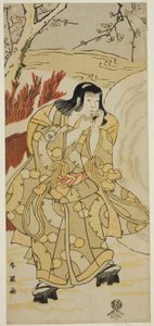 De acteur Iwai Hanshiro IV als een jongen die op zijn handen blaast naast een grote sneeuwbal, in het toneelstuk Nigiwai Genji Hana Saku Kado, opgevoerd in het Kawarazaki Theater in de Elfde Maand, 1793 door Katsukawa Shun
