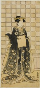 De acteur Iwai Kiyotaro II als Lady Itohagi () in het toneelstuk Genji Saiko Kogane Tachibana (), Opgevoerd in het Ichimura Theater () in de Elfde Maand, 1788 () door Katsukawa Shun