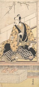 De acteur Matsumoto Koshiro IV zittend in een buitenkamer door Katsukawa Shun