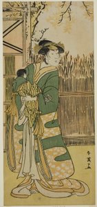 De acteur Nakayama Tomisaburo I als Lady Tokiwa (Tokiwa Gozen) () in het toneelstuk Kimmenuki Genke no Kakutsuba (), Opgevoerd in het Ichimura Theater () in de Elfde Maand, 1791 () door Katsukawa Shun