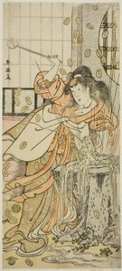 De acteur Segawa Kikunojo III als de drakenmaagd vermomd als Osaku in het toneelstuk Sayo no Nakayama Hiiki no Tsurigane, opgevoerd in het Nakamura Theater in de Elfde Maand, 1790 door Katsukawa Shun