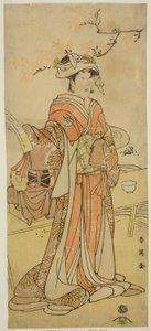 De acteur Segawa Kikunojo III als de vrouwelijke vos-figuur Otatsu-gitsune vermomd als Shizuka Gozen in het toneelstuk Kogane Saku Date no Okida, opgevoerd in het Ichimura Theater in de elfde maand, 1792