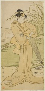De acteur Yamashita Kinsaku II als Okaya in het toneelstuk Yomogi Fuku Noki no Tamamizu, opgevoerd in het Kiri Theater in de vijfde maand, 1795 door Katsukawa Shun