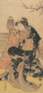 De vierde Iwai Hanshiro als een vrouw die een kristallen bol vasthoudt en danst aan de oever van..., ca. 1788 door Katsukawa Shun