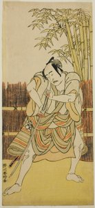 De acteur Bando Mitsugoro I als Ogata no Saburo vermomd als Yoroya Takiemon in het toneelstuk Mure Takamatsu Yuki no Shirahata, opgevoerd in het Ichimura Theater in de Elfde Maand, 1780
