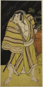 De acteur Sakata Hangoro II als de sumoworstelaar Kujaku Saburo Narihira () in het toneelstuk Sugata no Hana Yuki no Kuronushi (), opgevoerd in het Ichimura Theater () in de Elfde Maand, 1776 ()