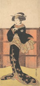 De vierde Iwai Hanshiro als een vrouw in een zwarte kimono door Katsukawa Shunko