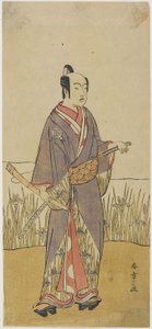 Een acteur in een samurai rol met een bamboefluit door Katsukawa Shunsho