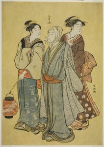 Een Jonge Man Gekleed als een Acteur van de Ichikawa Familie, een Dienstmeisje en een Geisha