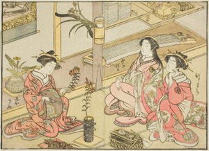 Courtisanes van de Kadotsutaya, uit het boek "Spiegel van Mooie Vrouwen van de Plezierwijken (Seiro bijin awase sugata kagami)," deel 1 door Katsukawa Shunsho