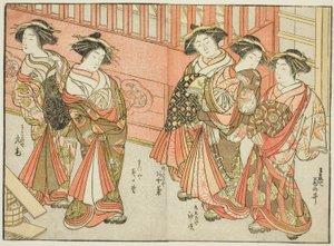 Vijf Courtisanes van Verschillende Huizen, uit het boek "Spiegel van Mooie Vrouwen van de Plezierkwartieren (Seiro bijin awase sugata kagami)," deel 3