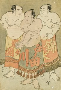 Volledige Portretten van de Worstelaars Nishikigi, Todagawa en Iwagaseki die zich in de Ring presenteren door Katsukawa Shunsho