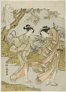 Funya no Yasuhide, Twee Vrouwen in een Winderig Herfstlandschap, uit de serie "Rokkasen (De Zes Onsterfelijke Dichters)" door Katsukawa Shunsho