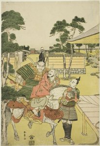 Musashibo Benkei brengt de gevangen Tosabo Shoshun naar Yoshitsune in het stuk Horikawa Youchi no Zu Uki-e Nimaitsuzuki door Katsukawa Shunsho