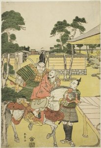 Musashibo Benkei Brengt de Gevangen Tosabo Shoshun naar Yoshitsune in het Toneelstuk Horikawa Youchi no Zu Uki-e Nimaitsuzuki, ca. 1782