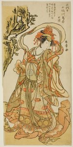 Osagawa Tsuneyo II als Itsukushima Tennyo in het Kabuki-stuk "Tokimekuya o-Edo no hatsuyuki" door Katsukawa Shunsho