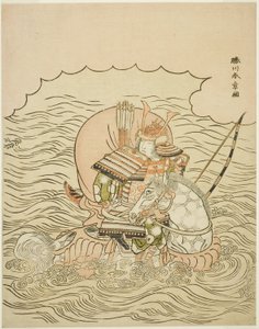 Taira no Atsumori die te Paard de Zee inrijdt door Katsukawa Shunsho