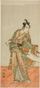 De acteur Ichikawa Danjuro V als Kudo Kanaishi (?) in het stuk Izu-goyomi Shibai no Ganjitsu (?), uitgevoerd in het Morita Theater (?) in de elfde maand, 1772 (?)