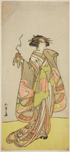 De acteur Ichikawa Monnosuke II als de courtisane Kewaizaka no Shosho in het stuk Sono Kyodai Fuji no Sugatami, opgevoerd in het Morita Theater in de eerste maand, 1776