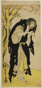 De acteur Ichikawa Monnosuke II als de afvallige monnik Zenjibo vermomd als Dainichibo in het stuk Edo no Fuji Wakayagi Soga, uitgevoerd in het Nakamura Theater in de eerste maand, 1789