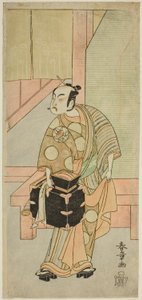 De acteur Ichimura Uzaemon IX als de kapper Komagata Ikkaku in het stuk Fuji no Yuki Kaikei Soga, uitgevoerd in het Ichimura Theater in de eerste maand, 1770 door Katsukawa Shunsho