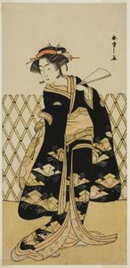 De acteur Iwai Hanshiro IV als Mitsuogiya Usukumo in het stuk Shida Choja-bashira, uitgevoerd in het Nakamura Theater in de achtste maand, 1781
