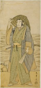 De acteur Nakamura Nakazo I als Kume no Heinaizaemon vermomd als de straatwaarzegger Kosaka Jinnai, in het stuk Kotobuki Banzei Soga, opgevoerd in het Ichimura Theater in de vijfde maand, 1783 door Katsukawa Shunsho