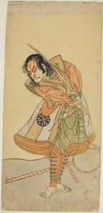 De Acteur Nakamura Nakazo I als Tezuka no Taro Mitsumori Vermomd als de Aaptrainer Tonkichi Tochibei, in het stuk Soga Moyo Aigo no Wakamatsu, uitgevoerd in het Nakamura Theater in de eerste maand, 1769