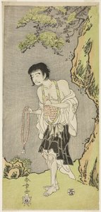 De acteur Nakamura Nakazo I als monnik, Raigo Ajari, in het stuk Nue no Mori Ichiyo no Mato, uitgevoerd in het Nakamura Theater vanaf de eerste dag van de elfde maand, 1770 door Katsukawa Shunsho