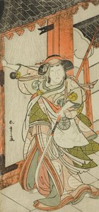 De acteur Nakamura Tomijuro I als Hangaku Gozen die de poort doorbreekt in het stuk Wada-gassen Onna Maizuru, uitgevoerd in het Nakamura Theater vanaf de vijfentwintigste dag van de zevende maand