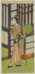 De acteur Onoe Tamizo I als Kewaizaka no Shosho vermomd als een Komuso in het stuk Furisode Kisaragi Soga, uitgevoerd in het Ichimura Theater in de tweede maand, 1772