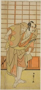De acteur Otani Hiroji III als Hata no Daizen Taketora vermomd als Shikishima Wakahei in het toneelstuk Juni-hitoe Komachi-zakura, opgevoerd in het Kiri Theater in de Elfde Maand, 1784 door Katsukawa Shunsho